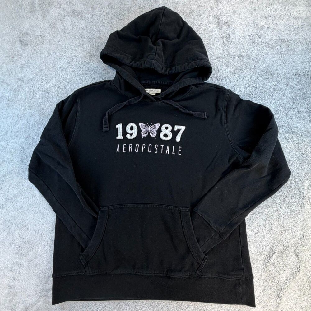 Aeropostale Hoodie Women’s Large Black Pullover Butterfly 1987 Graphic